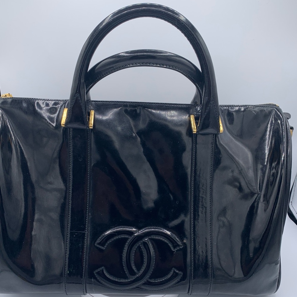 Chanel Patent Leather CC Boston Handbag with Gold Hardware